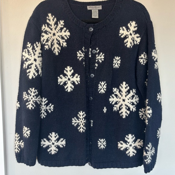 Eddie Bauer Sweaters - Eddie Bauer THICK Navy and Rabbit Hair White Snowflake Cardigan Medium